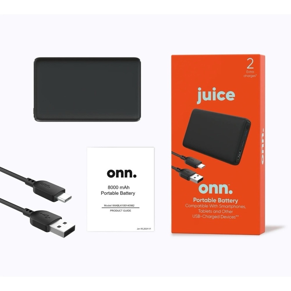 onn. 8000mAh Black Portable Battery, Power Bank with USB A to C Charging Cable